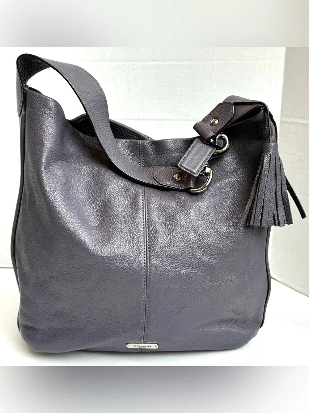 Coach Pebbled Soft Leather Deep Plum Purple Hobo Boho Tote Bag Purse Slouchy